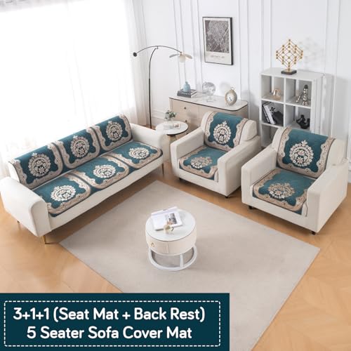 Image of HOKIPO Shahi Teal Premium Chenille Jacquard Sofa Cover 5 Seater Set - Washable 3+1+1 Sofa Cover for Seat & Back | 'Royal Aangan Series' (IN-1008-L2*2 + IN-1006-L2*4)