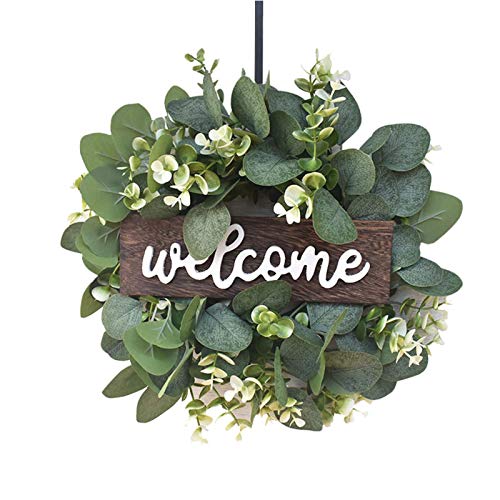Listado de Adornos para comprar online. 48 9 Pulgadas de Corona de eucalipto Artificial, Guirnalda de la Hoja de Bienvenida de la Hoja de imitación con Signo de Madera, Adornos de Verano de Primavera para la Ventana de la...