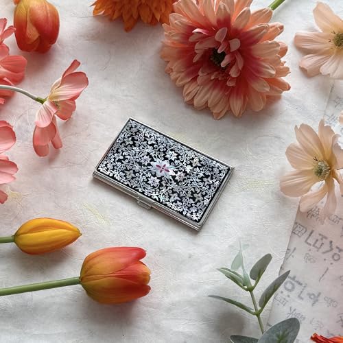 Image of Mother of Pearl Business Card Case Credit Id Name Holder Travel Wallet Art Painting Design Metal Stainless Steel Engraved Slim Purse Pocket Cash Money Wallet (New Arabesque)
