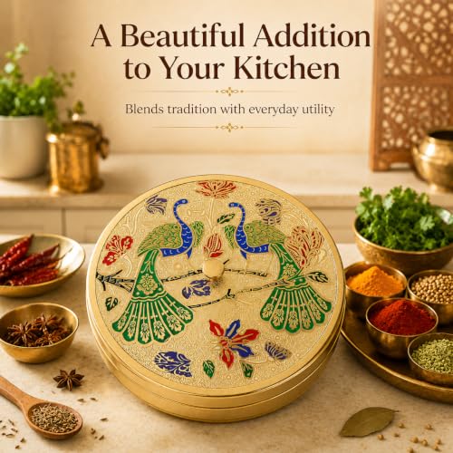 Image of Brass Spice Box with Peacock Lid & Spoon | Handcrafted Round Masala Dabba with 7 Containers | Traditional Brass Masala Box for Kitchen | Masala Dani for Kitchen Stylish