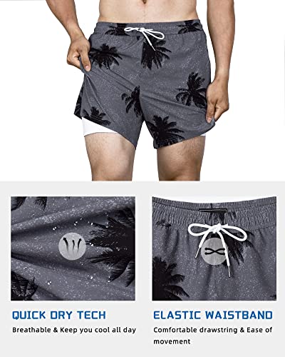 SURF CUZ Mens Swim Trunks with Compression Liner Mens Swimming Trunks 5 Inch Bathing Suit with Zipper Pockets Quick Dry Swim Shorts Grey Black Palm Medium3