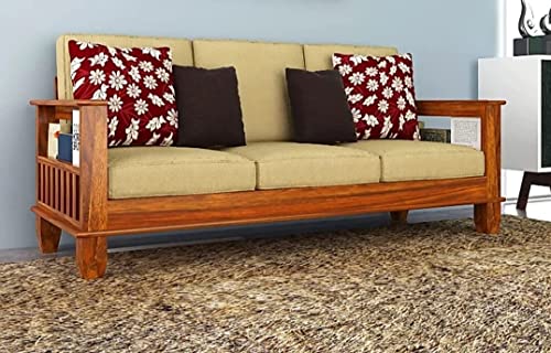 Image of Solid Sheesham Wood Sofa Set 3 Seater with 40 Density Cushions for Living Room, Bedroom, Office, Hotel & Lounge (Standard, Teak Light Brown Finish)
