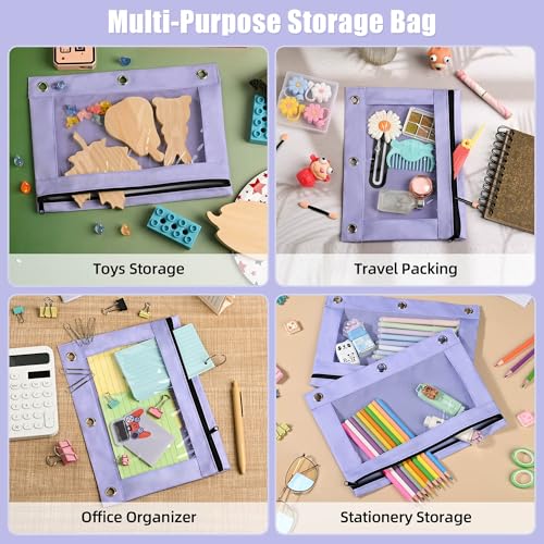 Image of Lanpn Pencil Pouch for 3 Ring Binder 6 Pack, Purple Binder Pen Bags with Zipper, Cute 3 Holes Pencil Pouches Organizer for Boy Girl Kids School Student, Reinforced Grommets & Clear Window