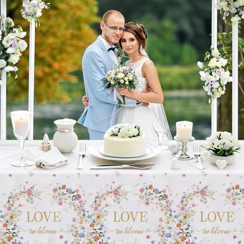 Image of MEHOFOND 3pcs Love in Bloom Bridal Shower Tablecloth, Wildflower Floral Disposable Plastic Table Cover 54x108 Inch, Spring Wedding Engagement Bachelorette Party Decorations