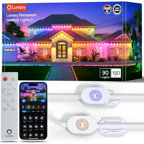 Lumary Permanent Outdoor Lights 2 with Remote, Slide-Base, 150ft with 90 RGBAICW LEDs 5400lm for House Daily & Accent Lighting, DIY 110+ Scene for Christmas Decor, Compatible with Alexa Google, White