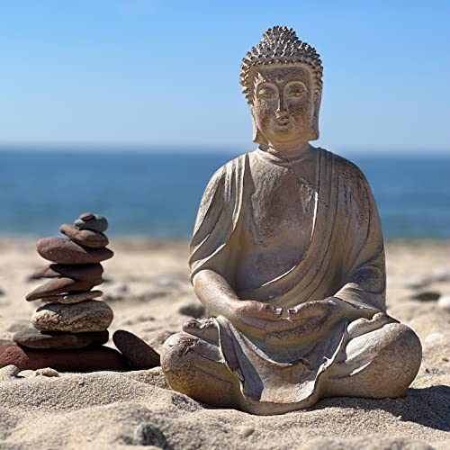 Whw Whole House Worlds Temple Buddha, Soft White, Patina, Faux Terracotta, 15 Inches Tall, Hand Cast Resin, Seated Statue, Vintage Museum Quality Reproduction #TOP1