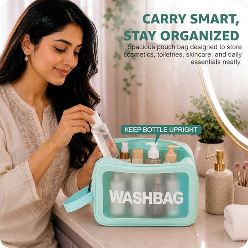 Image of FLYNGO Clear Makeup Pouch Set of 3 Teal, Cosmetic Organizer Bag for Women and Girls Travel Waterproof Toiletry Storage Kit