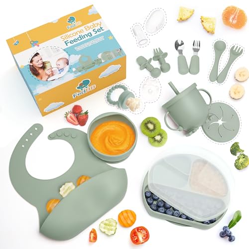 Image of Silicone Baby Feeding Set 17 Pcs -Baby Lid Weaning Supplies including Divided Plate with Lid, Cup, Adjustable Bib, Toddler Spoons and Forks, Perfect for Self-Feeding with Fruit Feeder (GREEN)