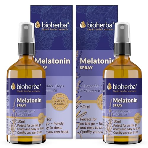 2 Spray de melatonina con lavanda, lúpulo y vitamina B6 – 50 ml – Fórmula líquida natural para la rutina nocturna – Vegano y sin aditivos – Bioherba