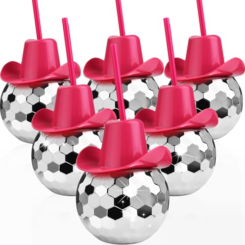 Haundry 6PCS Disco Ball Cups with Cowboy Hat and Straws 20oz Novelty Sparkly Tumbler Cups for Bachelorette Party Bridal Shower Nightclub Decorations (Silver and Pink Hat)