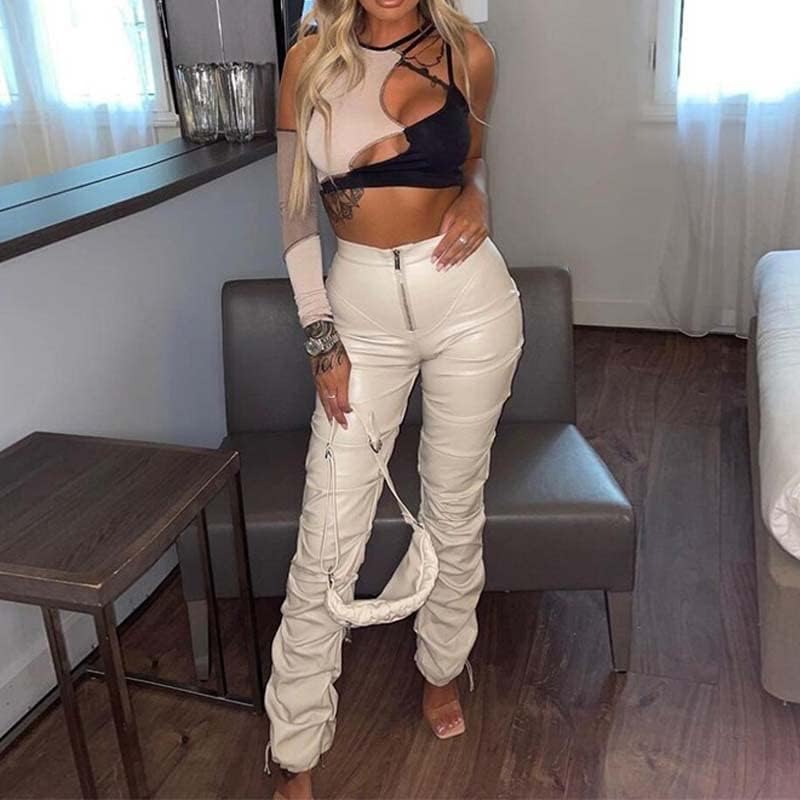 Sumleno High Waist Stacked Pants for Women Faux Leather Ruffle Ruched Leggings Y2k Black Pleated Sexy Aesthetic Streetwear - Image 2