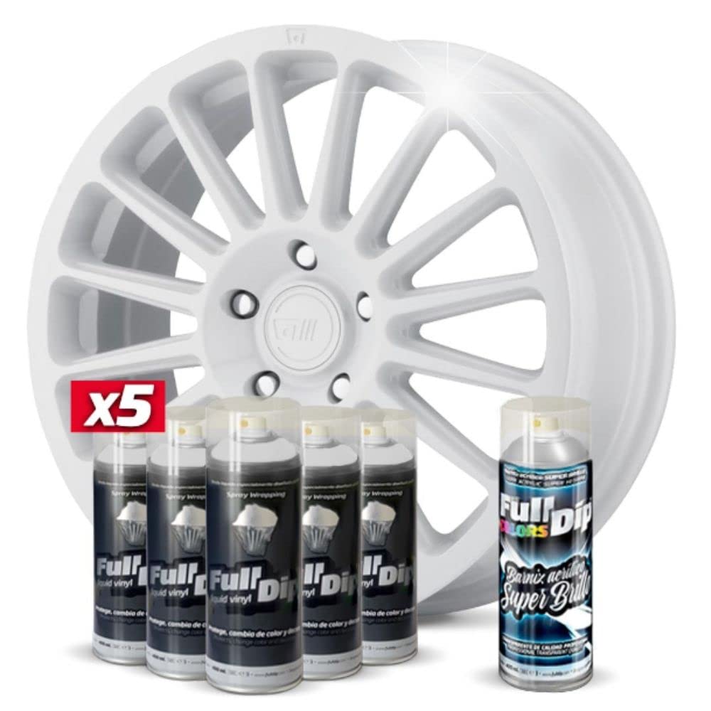 AutoFullCar - Pack 5 Sprays Full Dip Blanco + 1 Spray Barniz Acrílico Con Terminación Brillo - Vinílo Líquido - 400 ml. Unidad de Spray -