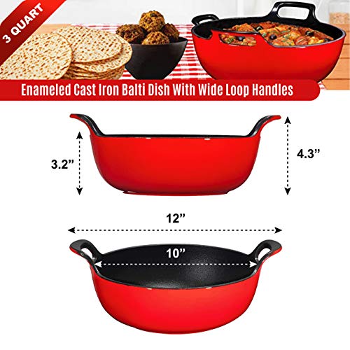 Enameled Cast Iron Balti Dish With Wide Loop Handles, 3 Quart, Fire Red, Small