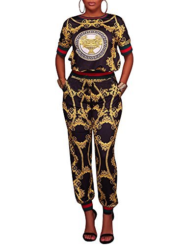 PlushZone Women's Casual Floral Print Short Sleeve Top 2 Pieces Outfits Long Pants Jumpsuit , Black , Large