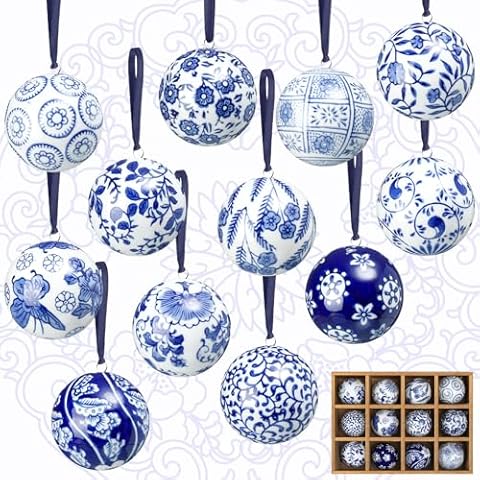 Cindeer 12 Pcs Christmas Porcelain Balls 2.4 Inch Blue and White Porcelain Chinoiserie Ornament Bulk Porcelain Hanging Decorative Ceramic Decor for Home Tree Xmas Party (Groovy Style) Cover