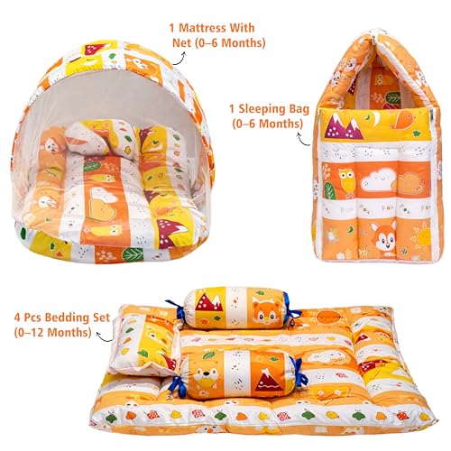Image of Infantbond Designer Mattress with Net | Baby Sleeping Bag | Carry Bed (0-6 Months) (Orange Fox)