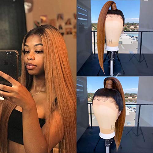 JZYQYH Brown Lace Front Wig with Black Roots, Long Straight Ombre Honey Blonde Synthetic Lace Front Wigs for Women 24 inch (1B/30)