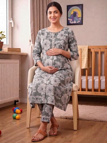 Image of RITIJYA Pure Cotton Feeding Kurta Pant Set for Women | Floral Anarkali Pregnancy Dress with Concealed Nursing Zipper Side Pocket | Pre & Post Partum | Maternity Dresses | Baby Shower Outfit