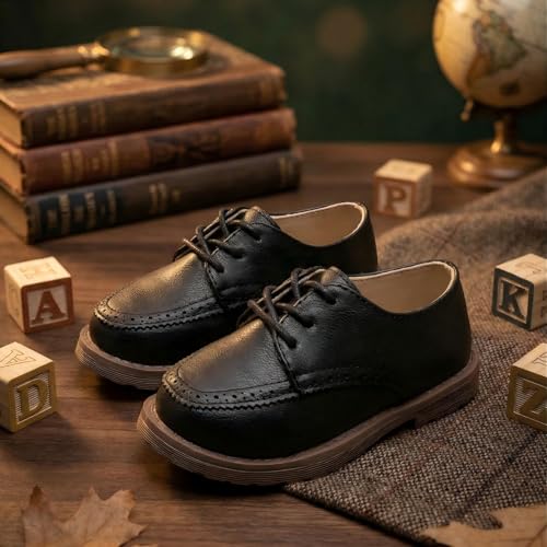 Image of Meckior Toddler Boys Girls Dress Shoes Little Kid Oxford Shoes Wedding Church Dress Shoes PU Leather Lace Up School Uniform Loafer Flats