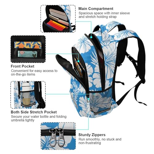 senya Travel Backpack Carry On Bookbags Blue-white Hawaiian Flowers Bagpack with Reflective Strip and Mesh Side Pockets4