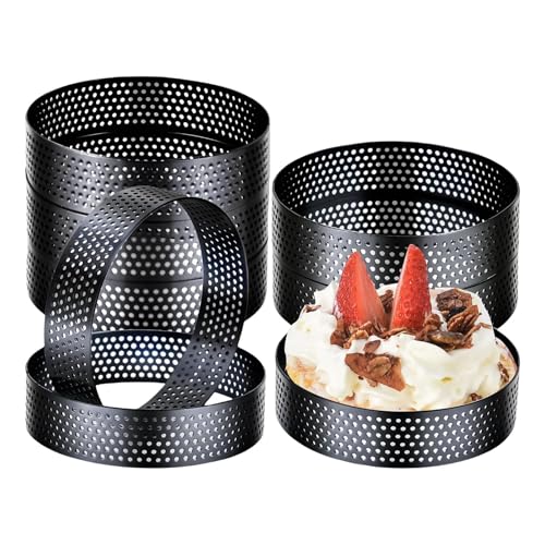 HINAYOSAN Juego de 8 moldes de repostería de acero inoxidable con agujeros de ventilación, anillos de postre de 3.94 pulgadas de diámetro, adecuados para hornear eficientemente, anillos perforados de