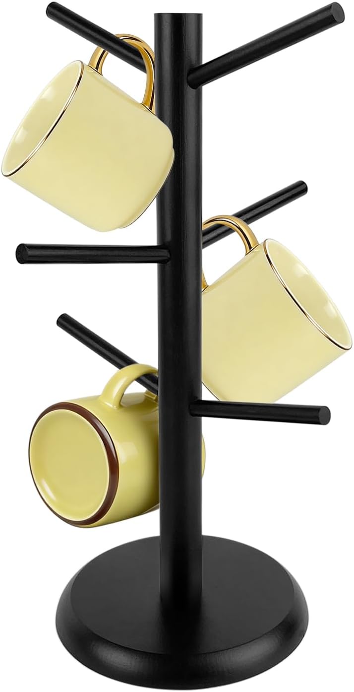Mug Holder Tree, Coffee Mug Holder with 6 Hooks, Wooden Mug Rack for Countertop, Mugs Stand for Small to Medium Mugs, Black