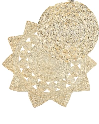Beliani Tapis Rond Beige en Jute en Forme d'Etoile pour Chambre et Salon au Style Boho et Campagne ø 120 cm