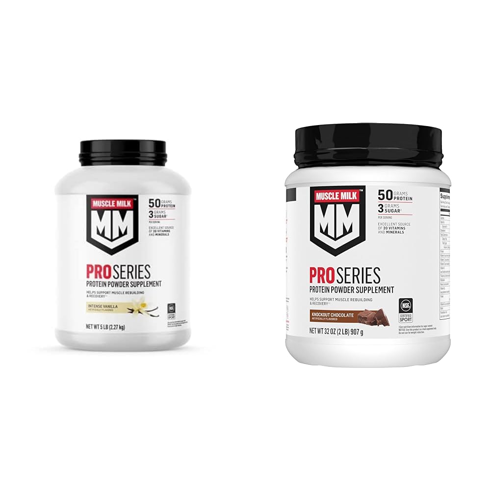 Muscle Milk Pro Series Protein Powder Supplement, Intense Vanilla, 5 Pound, 28 Servings & Pro Series Protein Powder Supplement,Knockout Chocolate,2 Pound,11 Ser