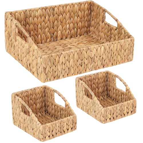 Set of 3 Handwoven Storage Baskets – Decorative Natural Wicker Organizer Bins with Built-in Handles for Bathroom, Kitchen, Pantry, Nursery, Closet, Laundry, Living Room, and Home Use