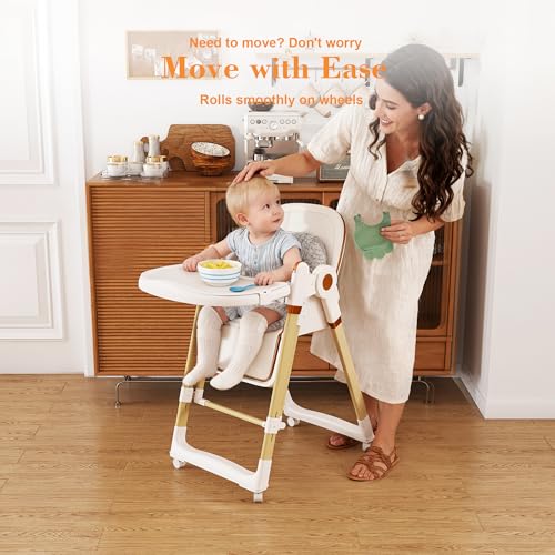 Image of Foldable Baby High Chair with 150 Swing & Recline,Convertible High Chairs for Babies and Toddlers,5 Height Levels,3 Backrest & Footrest Positions,Removable Double Tray,Lockable Wheels (White)