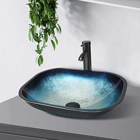 YU YUSING Aufsatzwaschbecken Waschbecken Glas Waschtisch, Waschschale mit Wasserhahn Set,Waschplätze für Badezimmer Küche Gäste WC, Modern Blau Cover