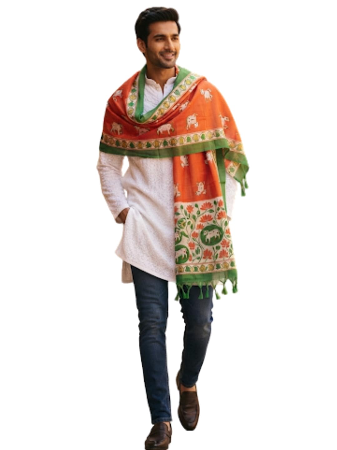 Men's Art Silk Printed Dupatta | Elephant & Floral Motif Tasselled Ethnic Stole | Lightweight Traditional Dupatta for Kurta Festival Cultural Events & Casual Wear (Multicolor, Design 9)-image-8