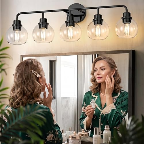 Image of DORESshop Bathroom Light Fixtures, 5-Light Black Vanity Lights Over Mirror, Wall Lamp Clear Glass for Living Room Decor Bedroom Porch Cabinet