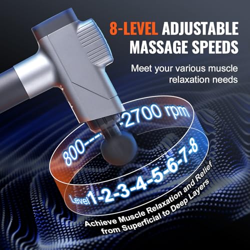 VEVOR Massage Gun Deep Tissue, Percussion Muscle for Athletes - with 8 Speed Levels & 6 Heads, 16V 2500mAh Batteries - Image 4