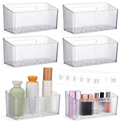 6 Pack Cabinet Organizer, Bathroom Cabinet Door Organizer with Adhesive Hooks, Clear Stackable Inside Cabinets Door Storage Bins, Wall Mounted Acrylic Shower Shelves for Kitchen, Pantry, Office, RV