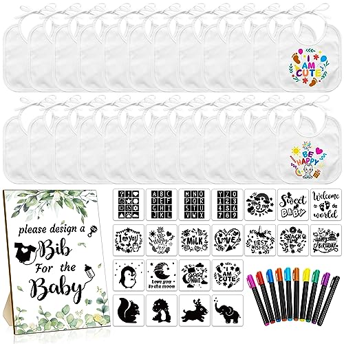 Newwiee 55 Pcs DIY Baby Bibs Set Includes 22 White Feeder Bibs 22 Stencils 10 Fabric Markers 1 Wooden Baby Shower Game Sign (Greenery)