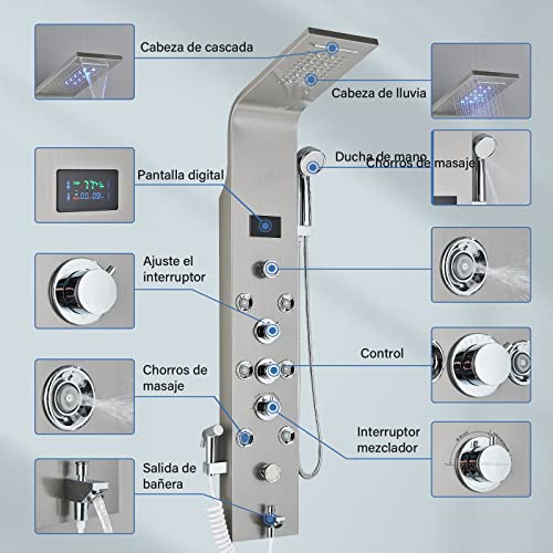 JUNSHENG-Columna-Ducha-Hidromasaje-LED-6-Salida-de-Agua-LCD-Pantalla-Acero-Inoxidable-Columna-de-Ducha-con-Cabezal-Ducha-y-Ducha-de-ManoNiquel-Cepillado