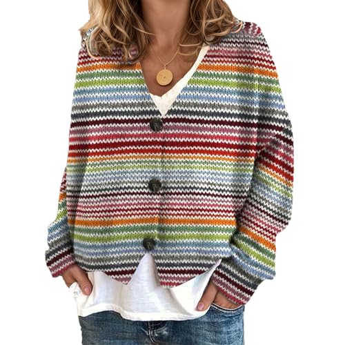 Women Fall Boho Floral Print Button Down Cardigan Winter Oversized Long Sleeve Loose Knit Sweater Coat Outwear