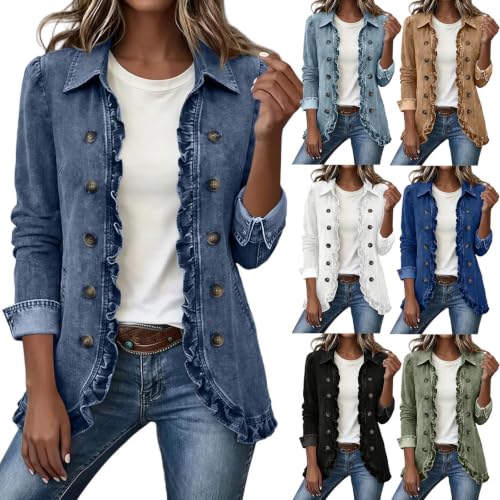 TERGHTP Womens Denim Jacket Ruffle Double Breasted Vintage Jean Jackets - image 1