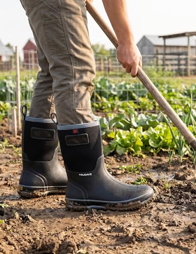 Image of Trudave Rubber Rain Boots for Men, Neoprene Waterproof Rain Boots, Mid Calf All-Season Mud Boots, Insulated Warm Outdoor Work Shoes for Hunting, Gardening, Farming, Yard Working