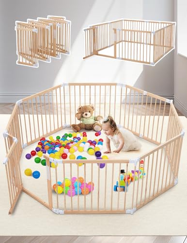 Foldable Wooden Baby Playpen - 30x24 Inch Large Play Yard for Babies & Toddlers 1-3 Years, Safety Gate Play Area with Non-Toxic Finish, Baby Fence Activity Center with Adjustable Shape Indoor Outdoor