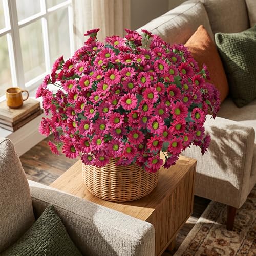 Image of HyeFlora Artificial Mums for Outdoors Fall Decor, 6 Bundles Fake Flowers UV Resistant Realistic Faux Flowers Bouquet Silk Flowers for Outside Planter Porch Patio Garden Yard Balcony Home, Fushsia