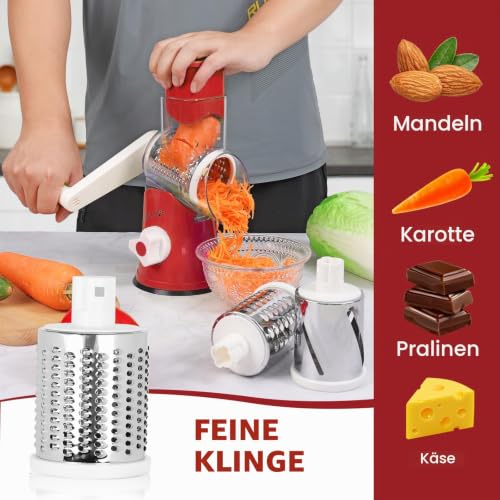 Foto von Diealles Shine Käsereibe mit Kurbel, Reibe für Gemüse mit 3 Edelstahl Austauschbaren Trommelklingen, Manuelle Trommelreibe, Gemüseschneider, Ideal für Gurken, Käse und Nüsse, Karotten usw(Rot)