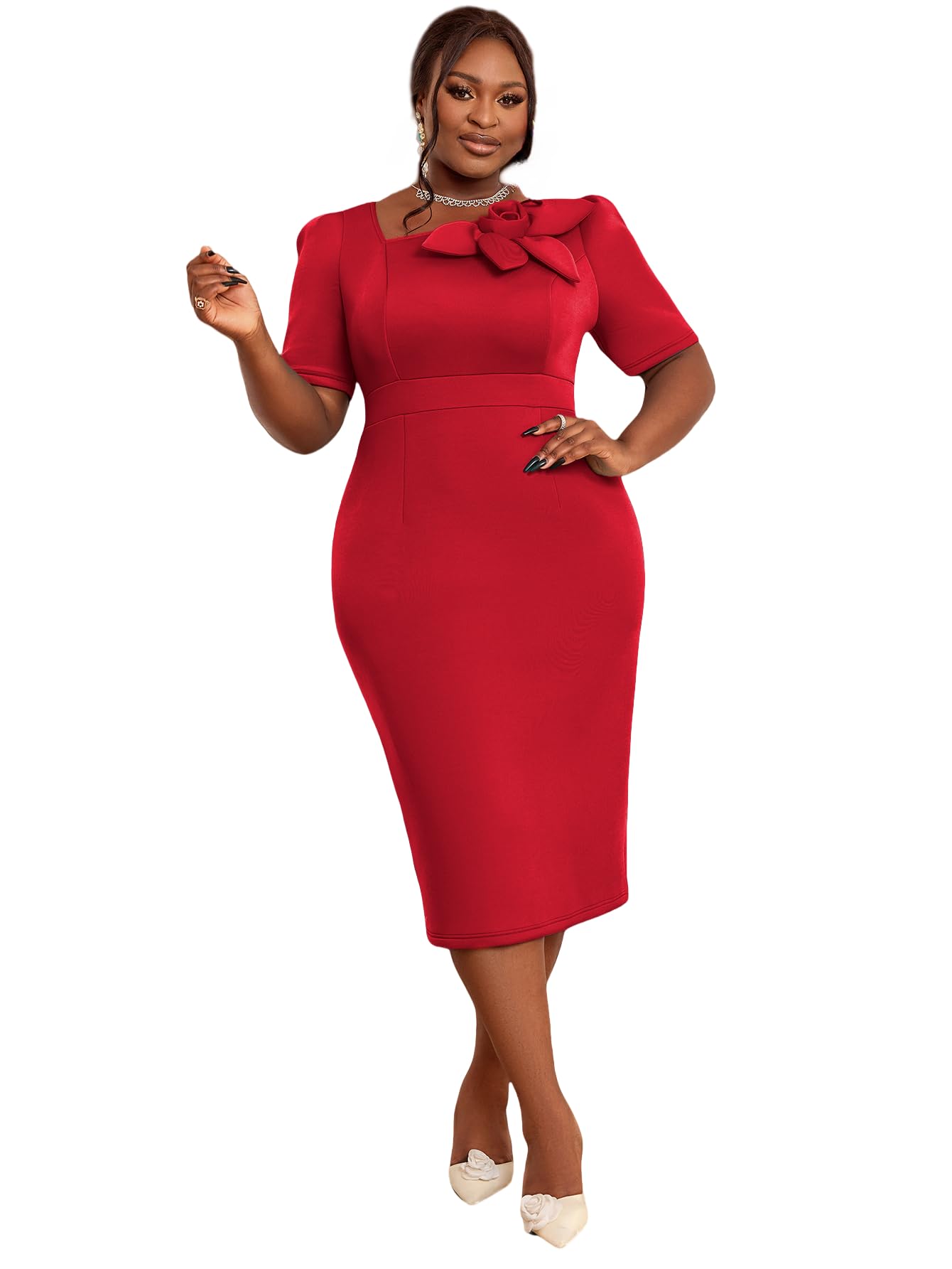 AOMEI Womens Bodycon Midi Dress Irregular Neck with Petal Short Sleeve Modest Office Church Dress