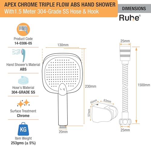 Image of Ruhe Apex Multi-Functional Triple-Flow Modes ABS Hand Shower with 1.5 Meter 304-Grade Stainless Steel Hose & Hook - Chrome Finish