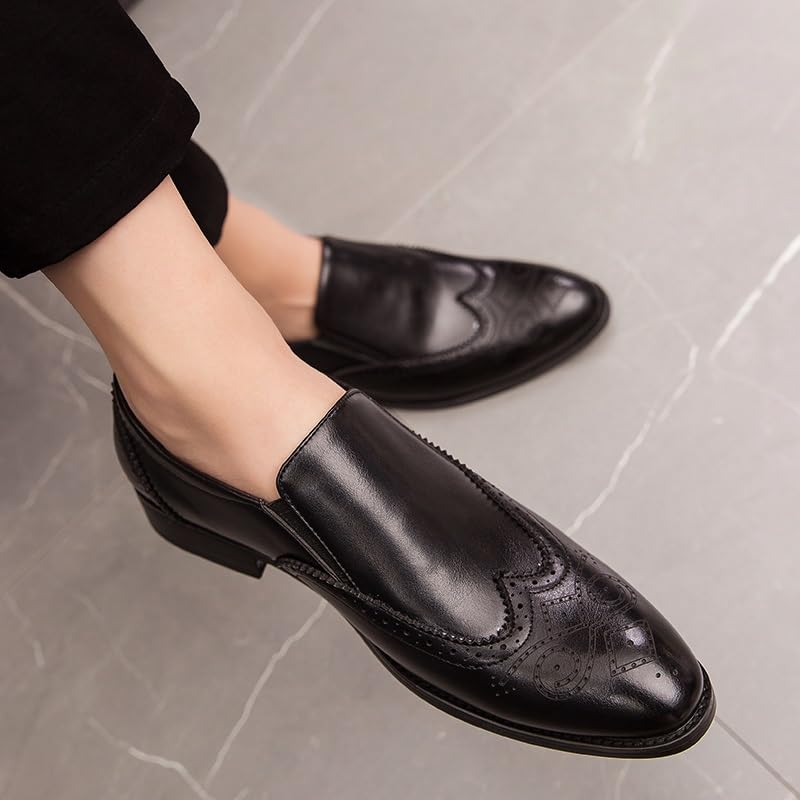 Oxford Dress Shoes for Men Slip On Pointed Burnished Toe Brogue Embossed Wing tip PU Leather Low Top Block Heel Anti-Slip Walking3