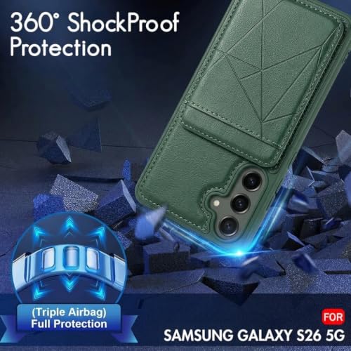 Image of amazon basics Premium Vegan Leather Back Cover with Card Holder and Integrated Mobile Stand for Samsung Galaxy S26 5G - Slim Shockproof Wallet Case with Geometric Stitching [Green]