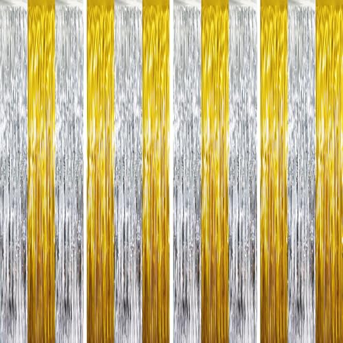 Image of GOER 3.2 ft x 8.2 ft Metallic Tinsel Foil Fringe Curtains Party Backdrop Party Streamers for Birthday,Graduation,New Year Eve Decorations Wedding Decor (4 Pcs,Gold&Silver)