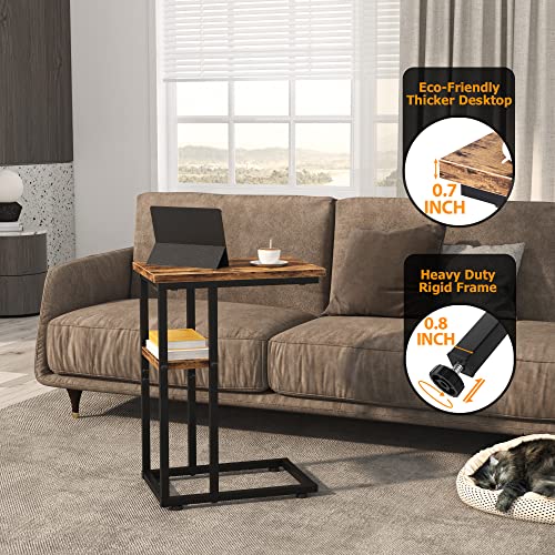  C Shaped End Table, 2-Tier Sturdy C Table With Storage Narrow Side Table For Living Room Bedroom With Metal Frame, Industrial Small Bedside Table Sofa Couch Table For Small Space, Rustic Brown #TOP1