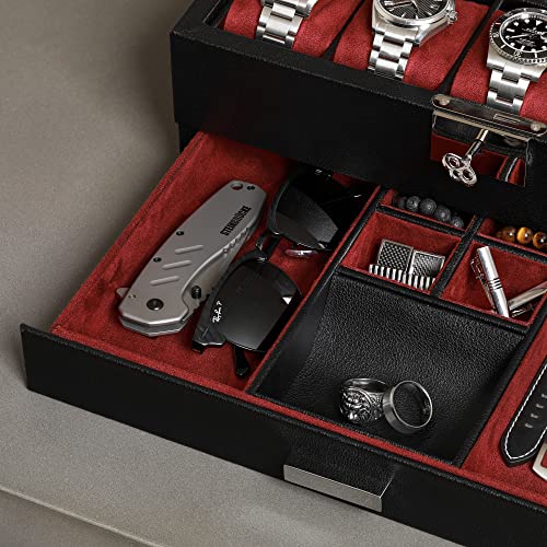 Rothwell 10-Slot Watch Box In Leather With Valet Drawer, Luxury Watch Case Display Organizer With Ultra Soft Microsuede Liner, Jewelry And Sunglass Holder With Large Glass Top (Black/Red) #TOP4